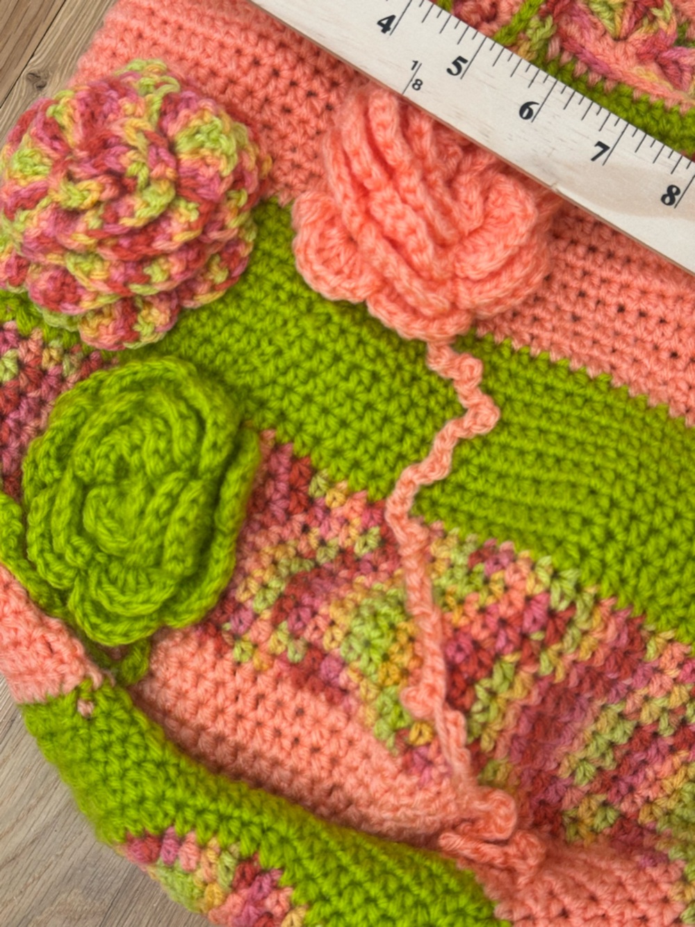 Handmade Crochet Floral Tote Bag in Peach & Lime Boho Coastal Grandma - Picture 7 of 7